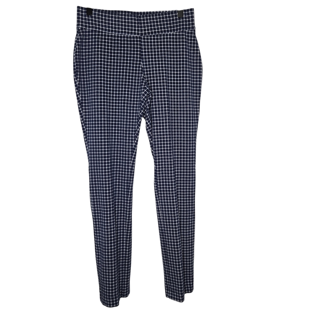 Lands End Womens Navy Blue Check Plaid Straight Leg Pull On Stretch Pants Small